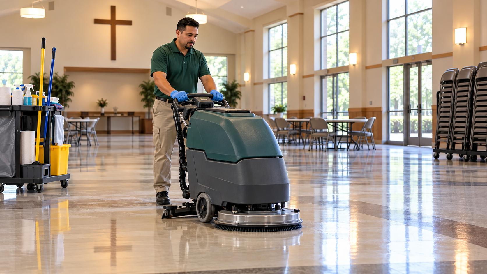 Janitorial worker operating a floor scrubber in a church fellowship hall